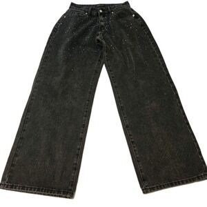 White Fox Black Wide Leg Jeans Black Rhinestones Size Small